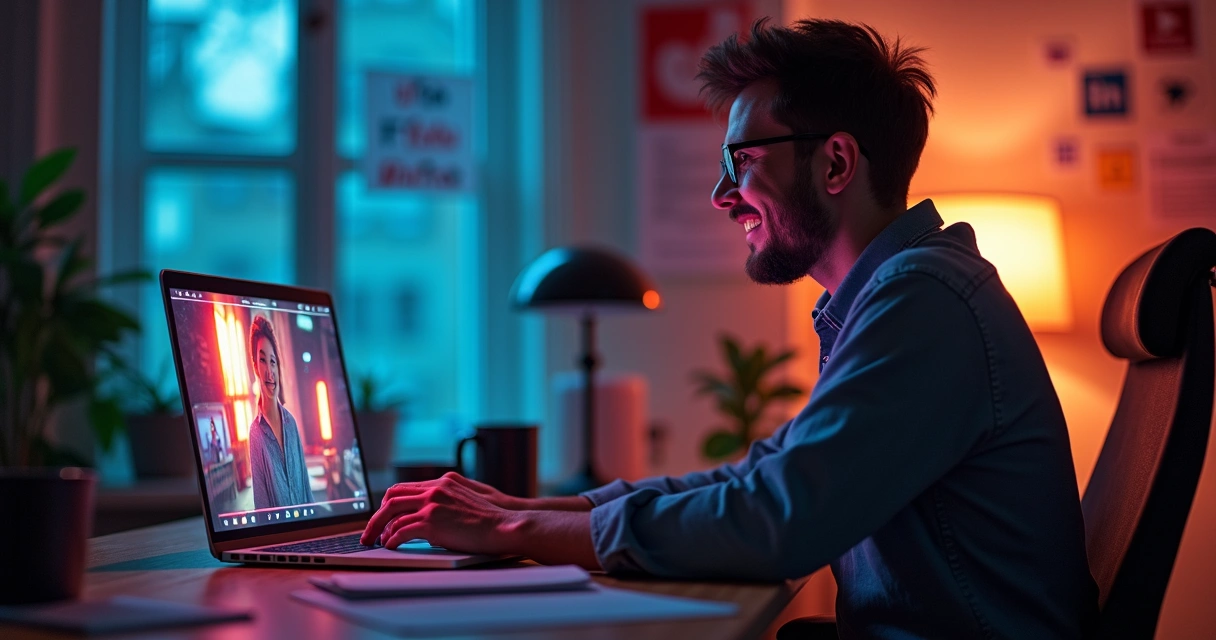Criador de conteúdo usando notebook, sorrindo enquanto compartilha vídeo editado 