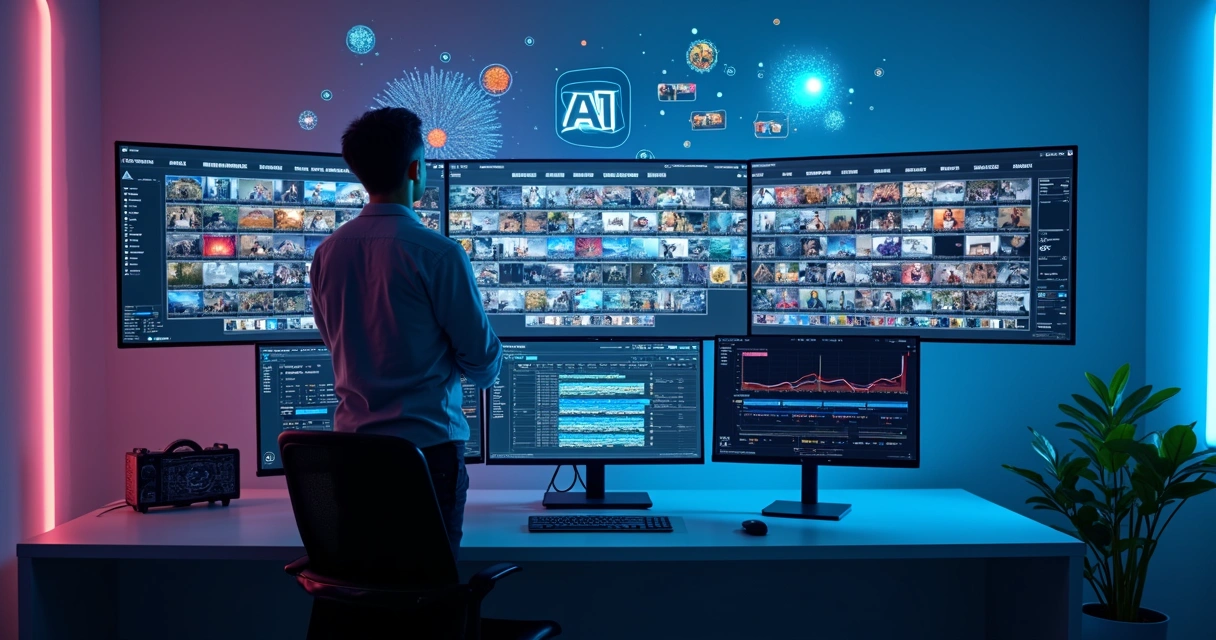 Pessoa criando vídeos em um estúdio digital com diversos elementos de IA na tela 