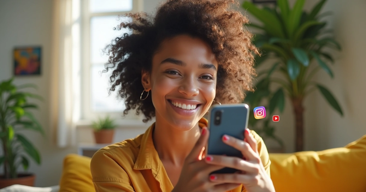 Pessoa feliz segurando celular e publicando vídeo nas redes sociais 