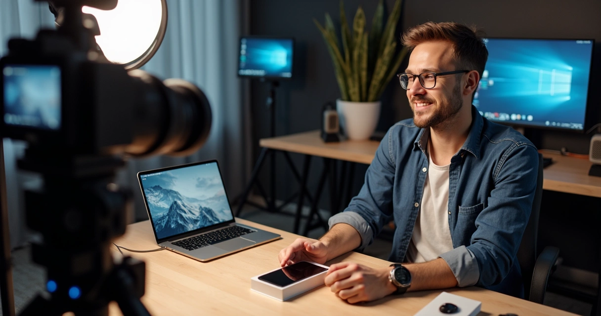 Criador de conteúdo gravando vídeo de unboxing com câmeras profissionais 
