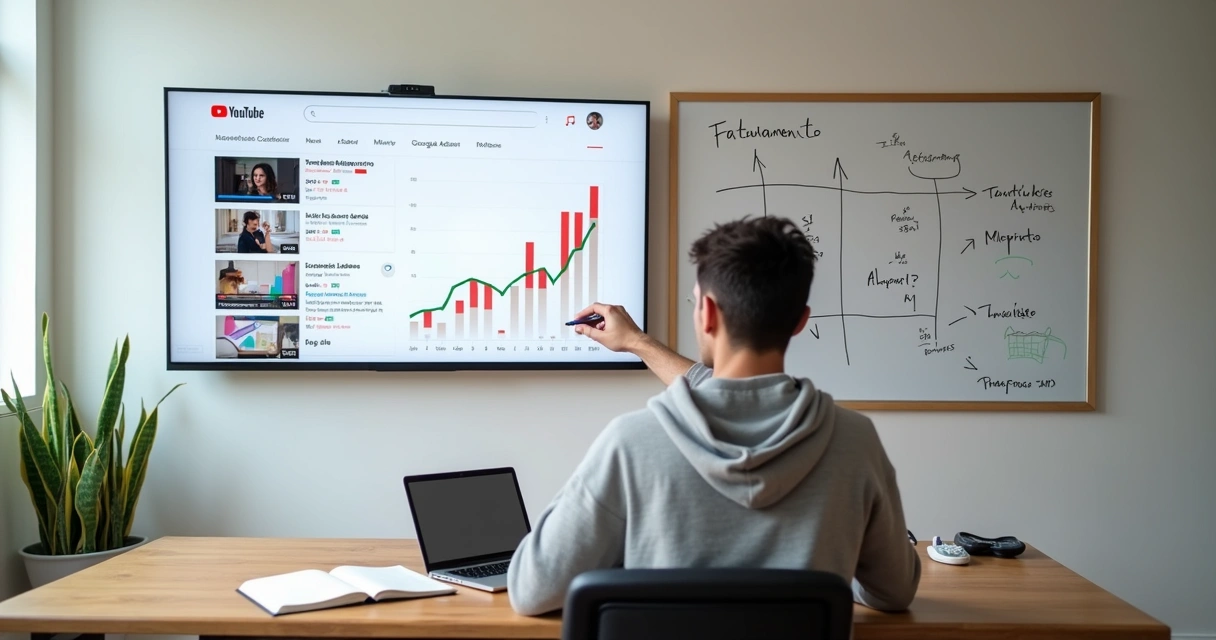 Tela grande com painel de ganhos do YouTube AdSense ao lado de quadro branco com planejamento tributário 