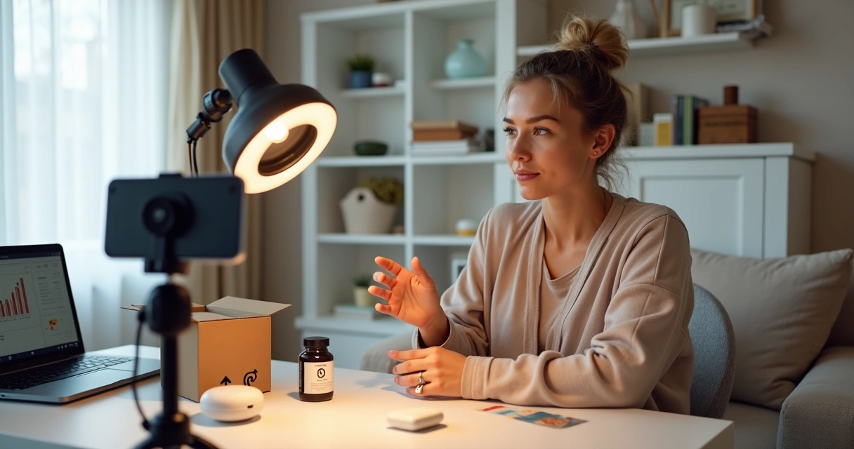Mulher grava vídeos de produtos em estúdio caseiro simples com itens da Amazon 