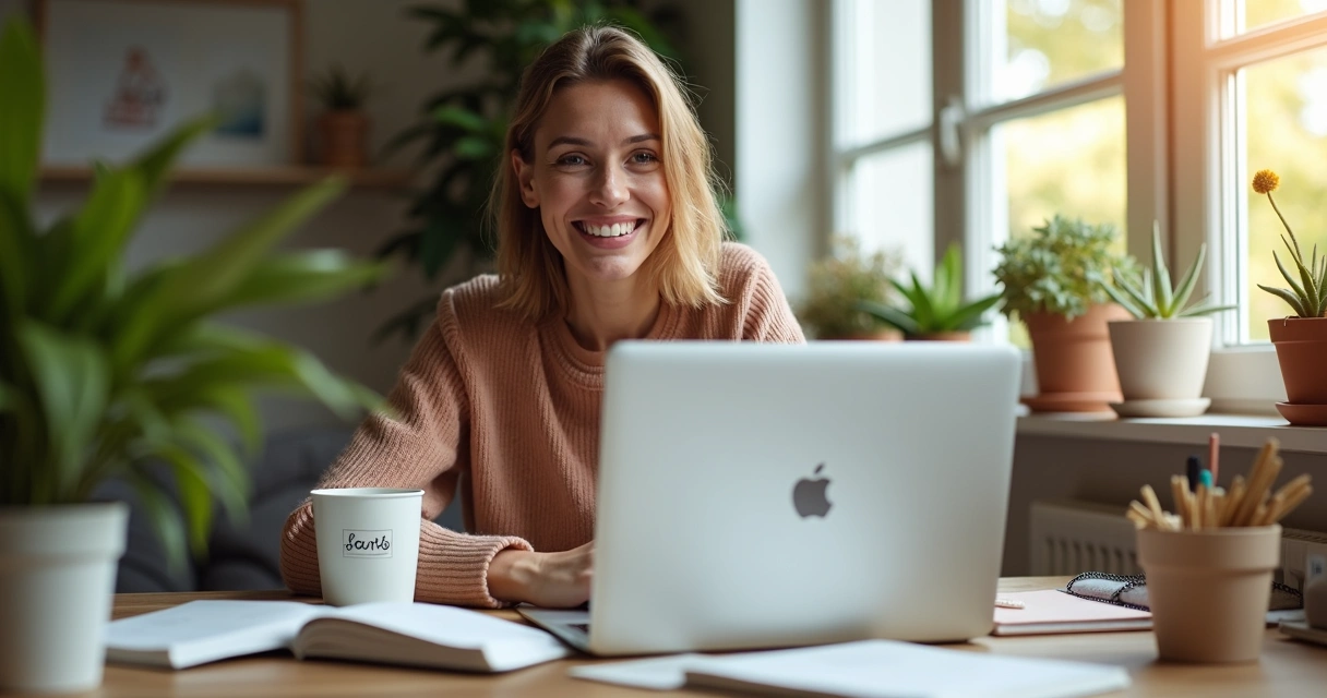 Mulher ao lado de materiais de marca em ambiente doméstico
