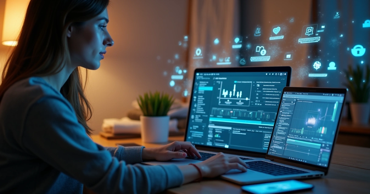 Criadora de conteúdo trabalhando em notebook sobre bem-estar com foco em privacidade 