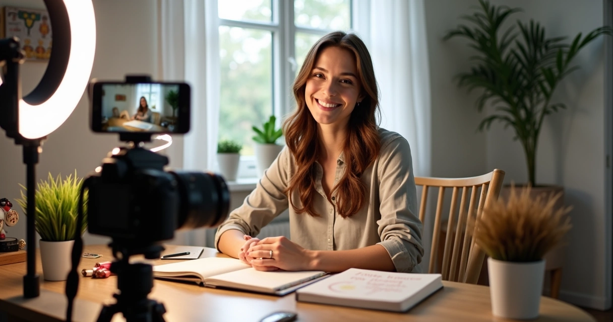 Mulher gravando vídeo para canal em casa