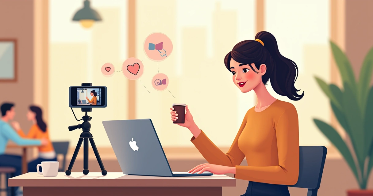 Influenciadora gravando vídeo sentada em um café com notebook, celular e câmera estabelecendo conexão com seguidores 