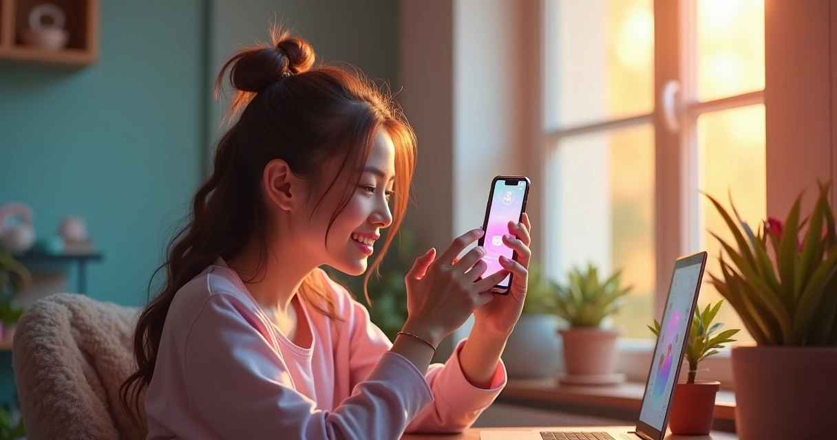 Jovem segurando celular, gravando vídeo para Instagram 