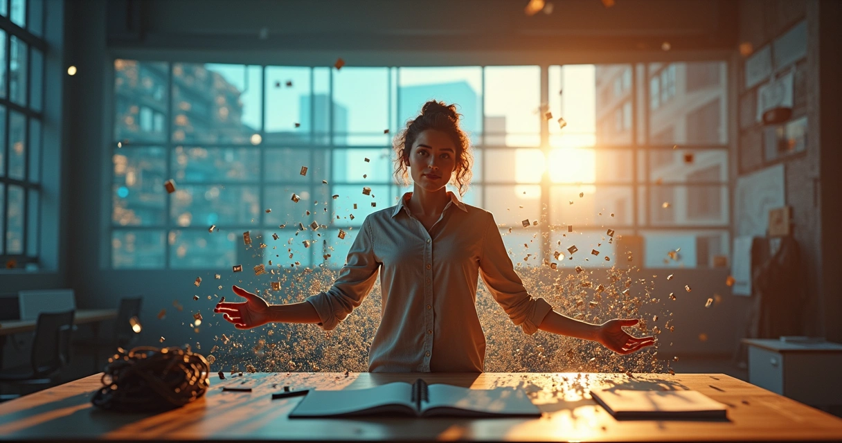 Criadora de conteúdo rompendo correntes diante de painéis digitais desorganizados 