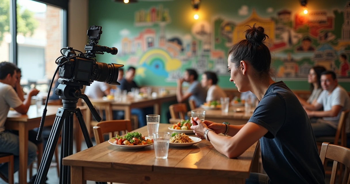 Criadora de conteúdo filmando dentro de restaurante em Curitiba 