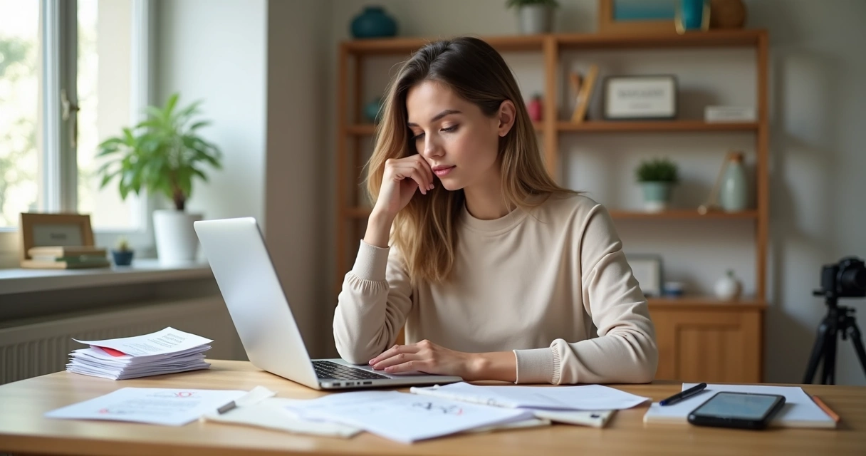 Criadora de conteúdo UGC sentada à mesa analisando erros e acertos no notebook 