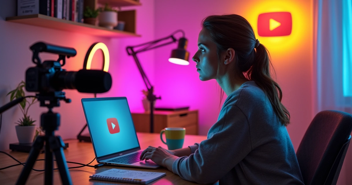 Mulher gravando vídeo para o YouTube em estúdio colorido com câmera e luzes profissionais 