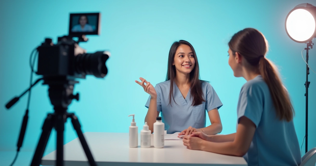 Mulher em estúdio gravando conteúdo para redes sociais 