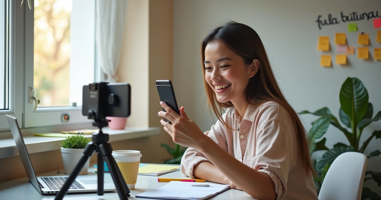 Mulher gravando vídeos para TikTok em casa 