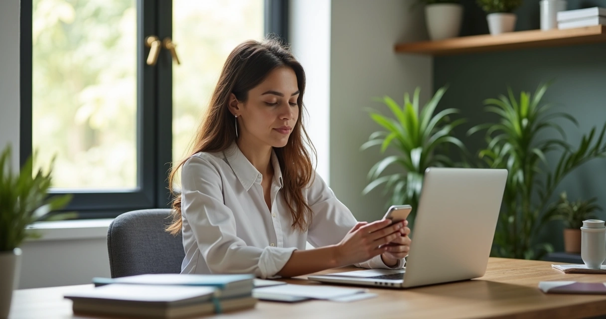 Mulher produzindo conteúdo digital em ambiente organizado 