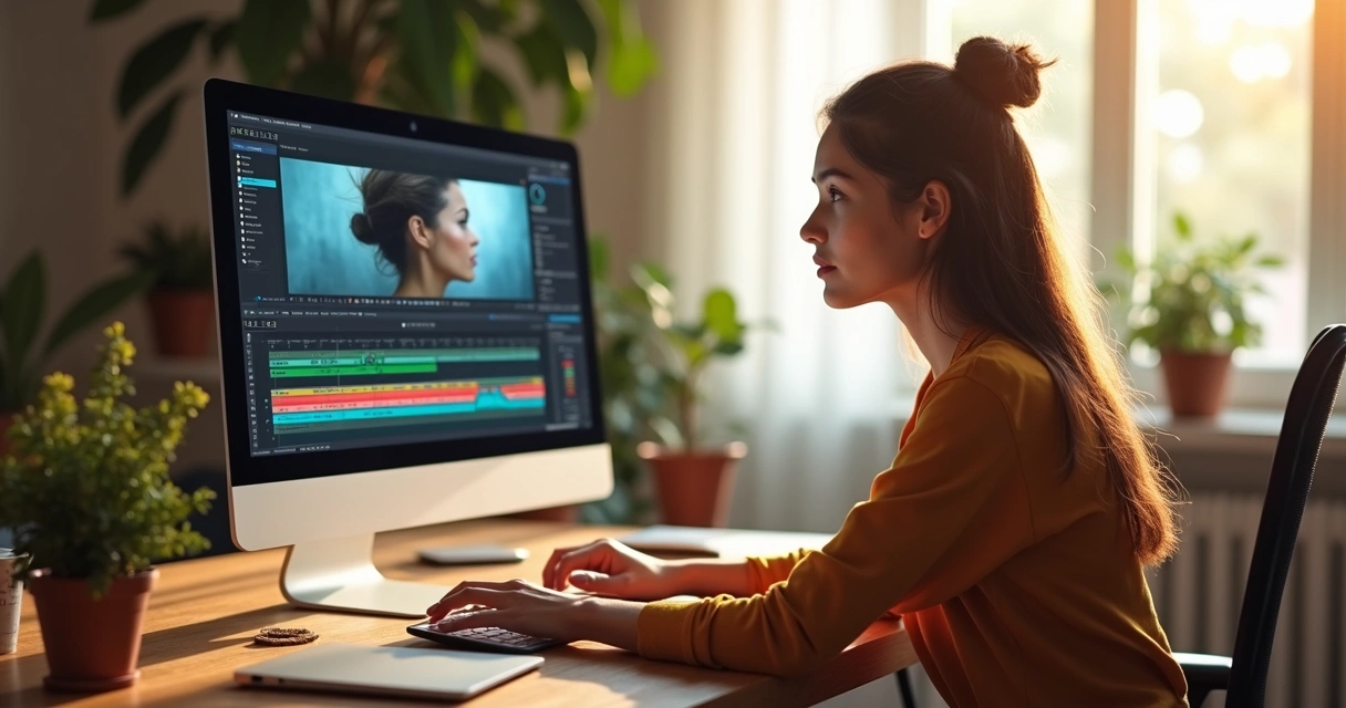Mulher ajusta vídeo em computador com interface moderna de IA 