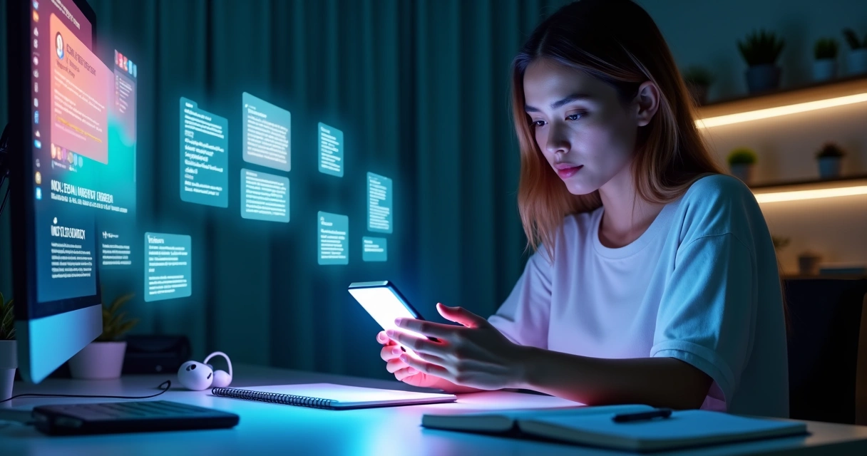 Criadora concentra-se no smartphone enquanto interface de IA projeta telas ao redor 