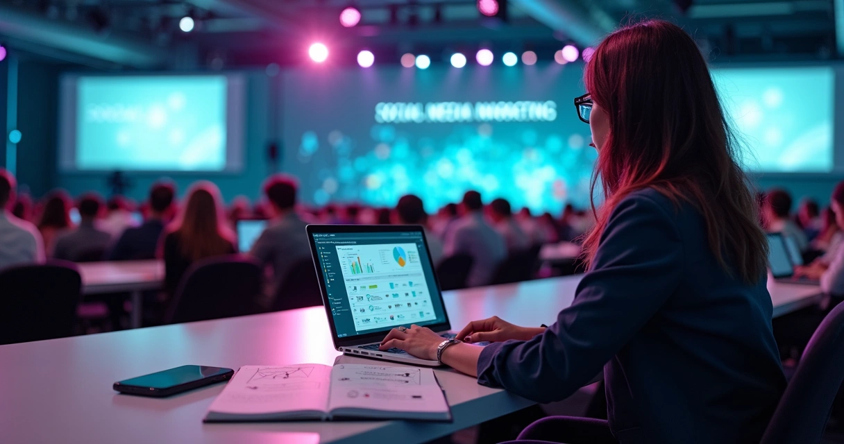 Mulher criadora de conteúdo em conferência de marketing usando IA no notebook 
