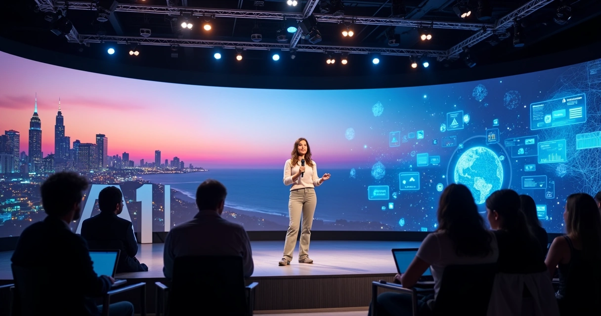 Mulher criadora de vídeos em palco de conferência de marketing com elementos de IA ao fundo 