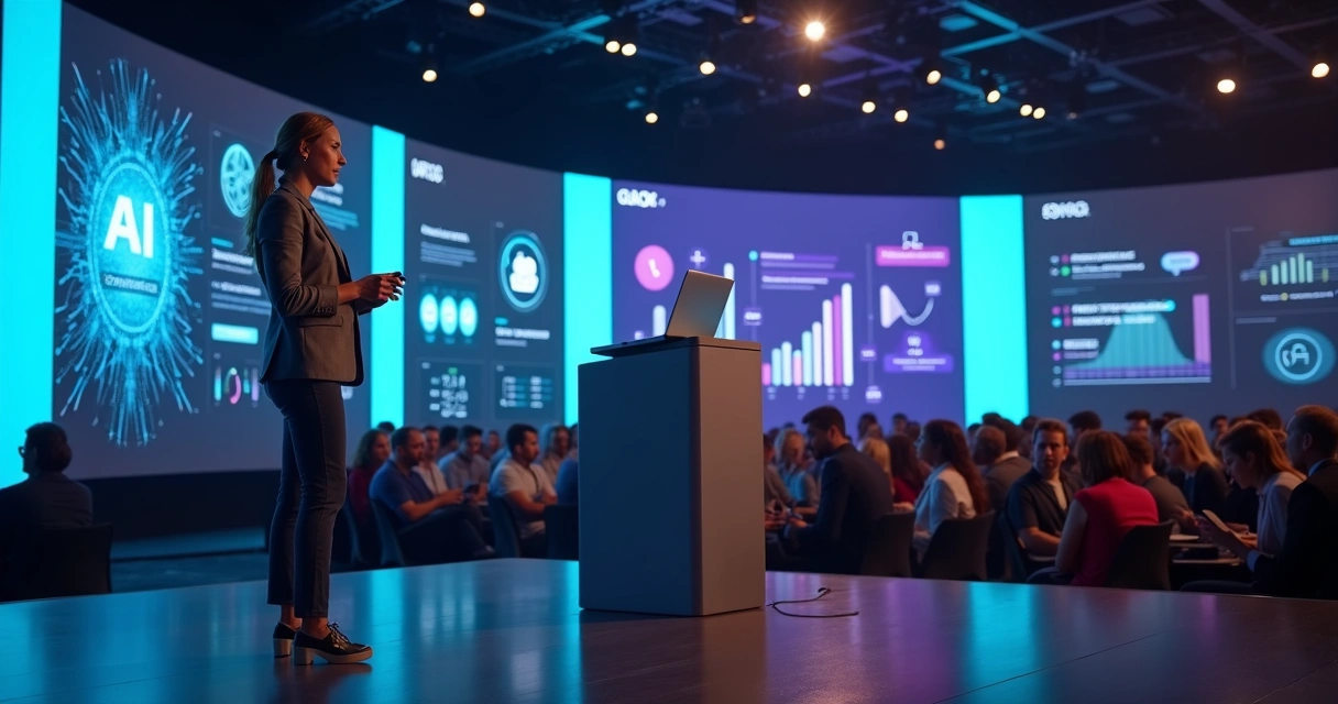Profissional de marketing em palco de conferência cercada por telas de IA e marcas parceiras 