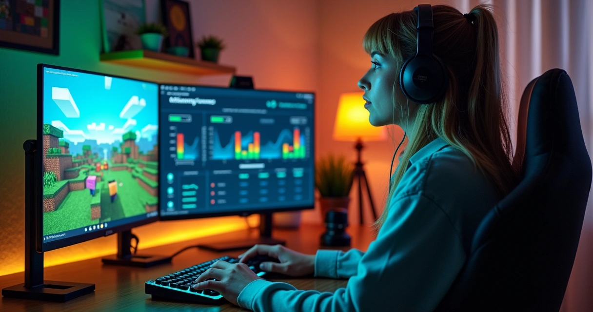 Criadora grava conteúdo de Minecraft em estúdio gamer moderno 