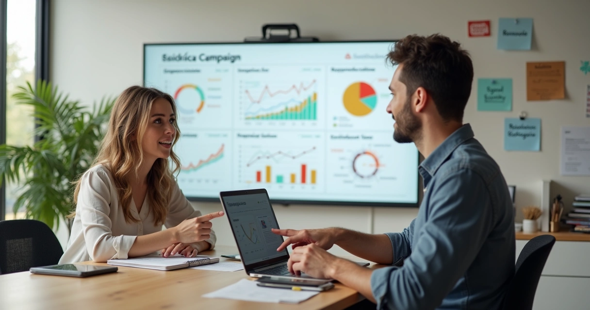 Criadora de conteúdo apresentando resultados de campanha para representante de marca em reunião de parceria 