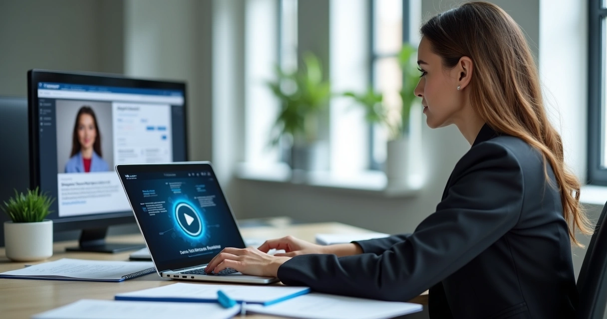 Mulher revisando posts com IA em notebook 