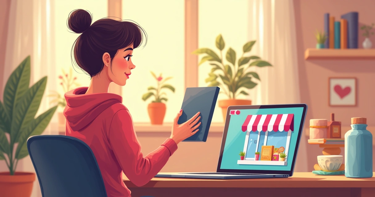 Criadora de conteúdo gravando no TikTok ao lado de um notebook com loja virtual aberta, ambiente iluminado 