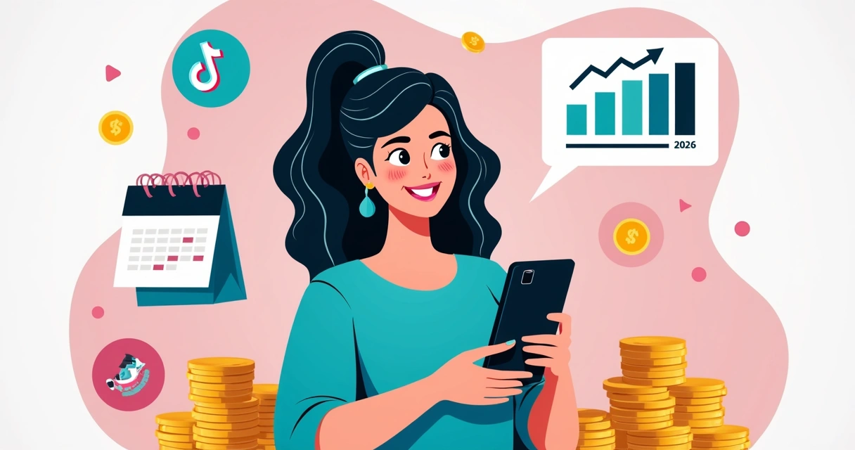 Jovem criadora de conteúdo segurando moedas douradas e celular 