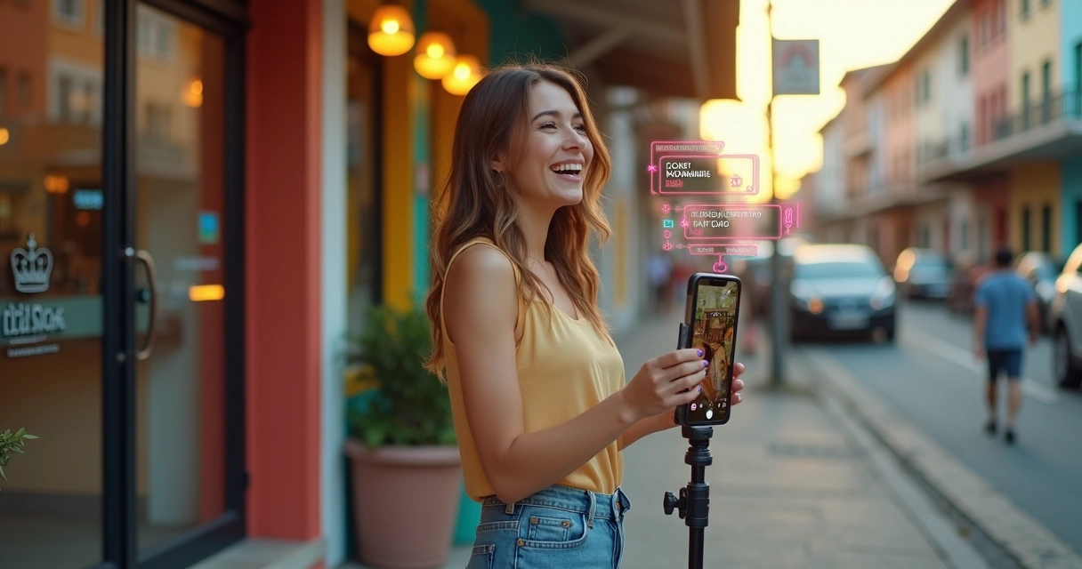 Empreendedora grava vídeo de TikTok em frente a loja em bairro movimentado 