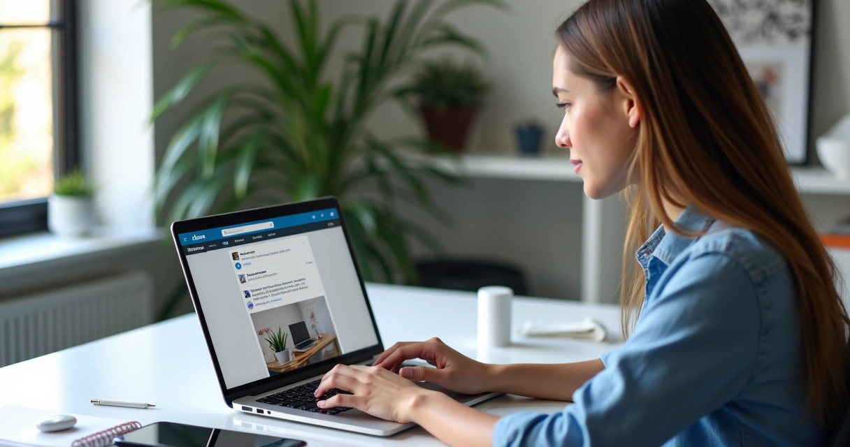 Criadora de conteúdo UGC trabalhando no notebook com tela do LinkedIn aberta 