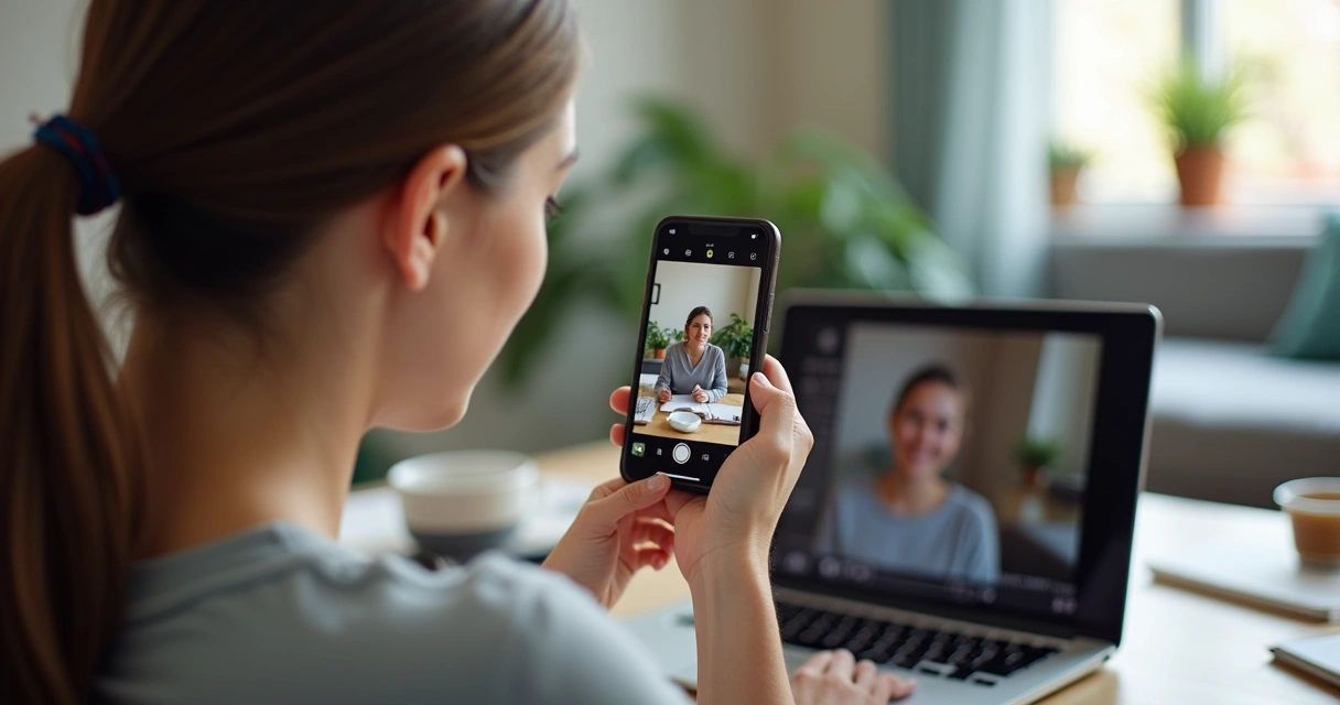 Criadora gravando vídeo curto com celular em casa