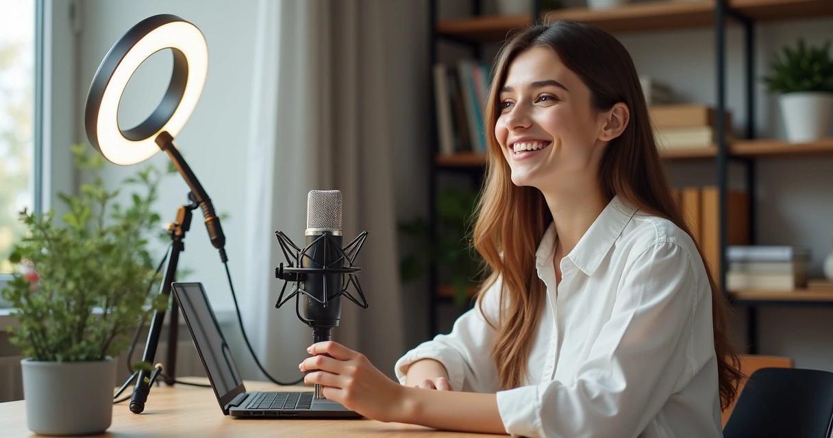 Mulher gravando vídeo para internet com microfone e câmera