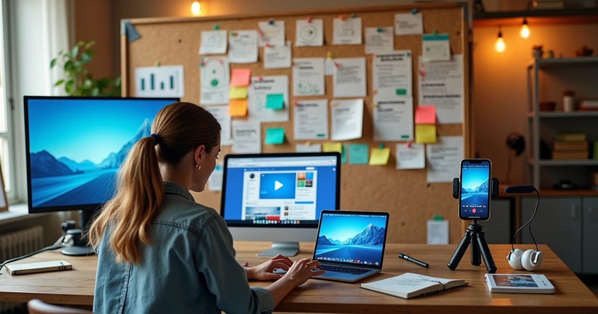 Criadora organizando vídeos curtos do Facebook em mural colorido 