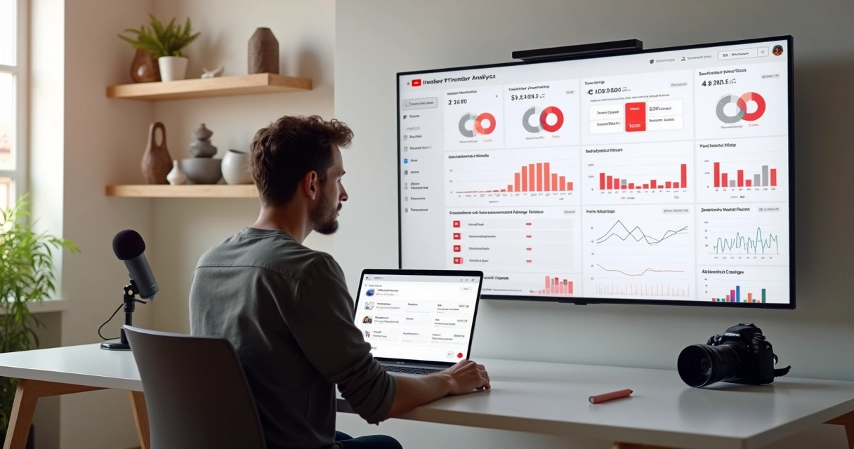 Criadora de conteúdo monitora dados de campanha do YouTube em tela grande. 