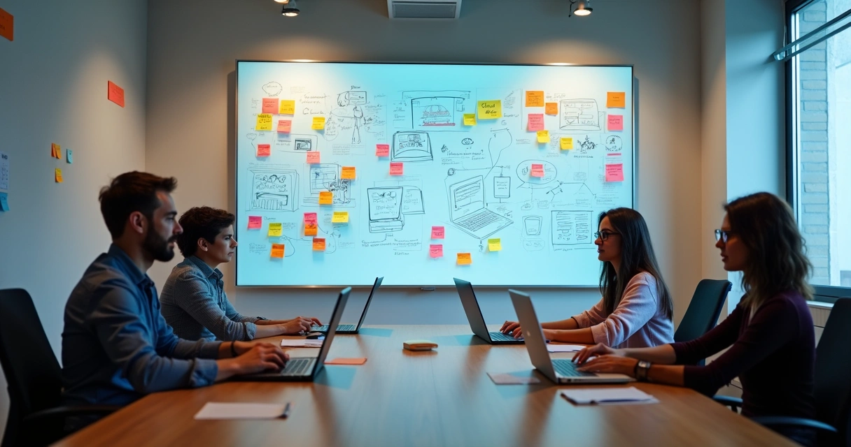 Profissionais criando aplicativos colaborativamente em computadores modernos 