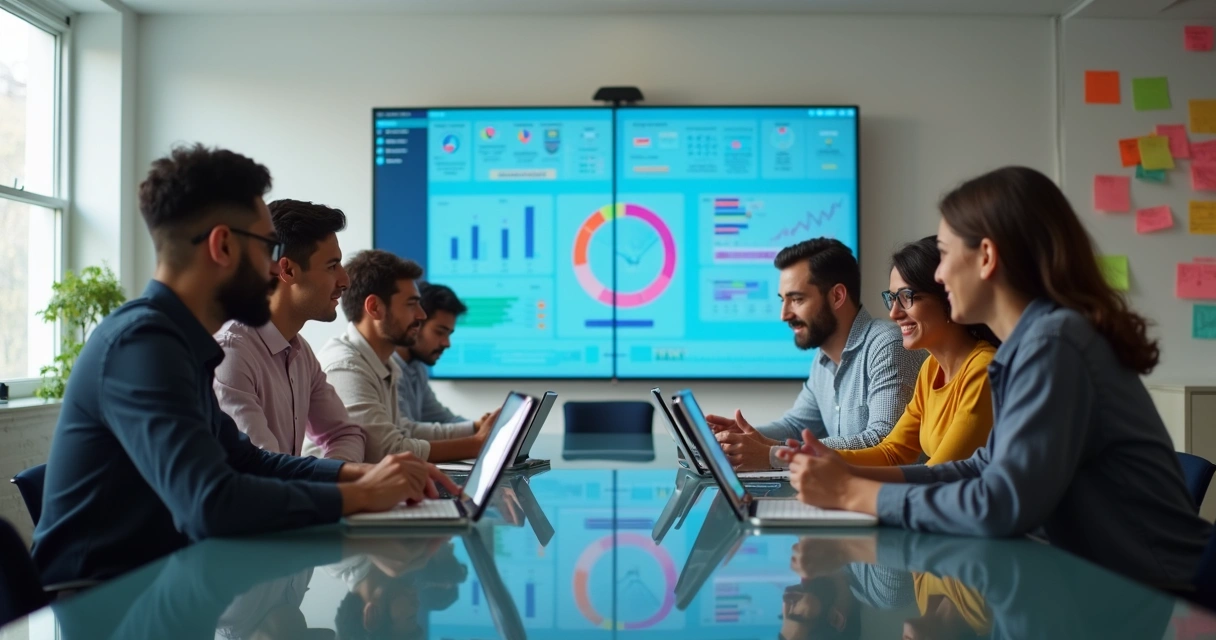 Reunião de criadores e empreendedores com tablets e gráficos 