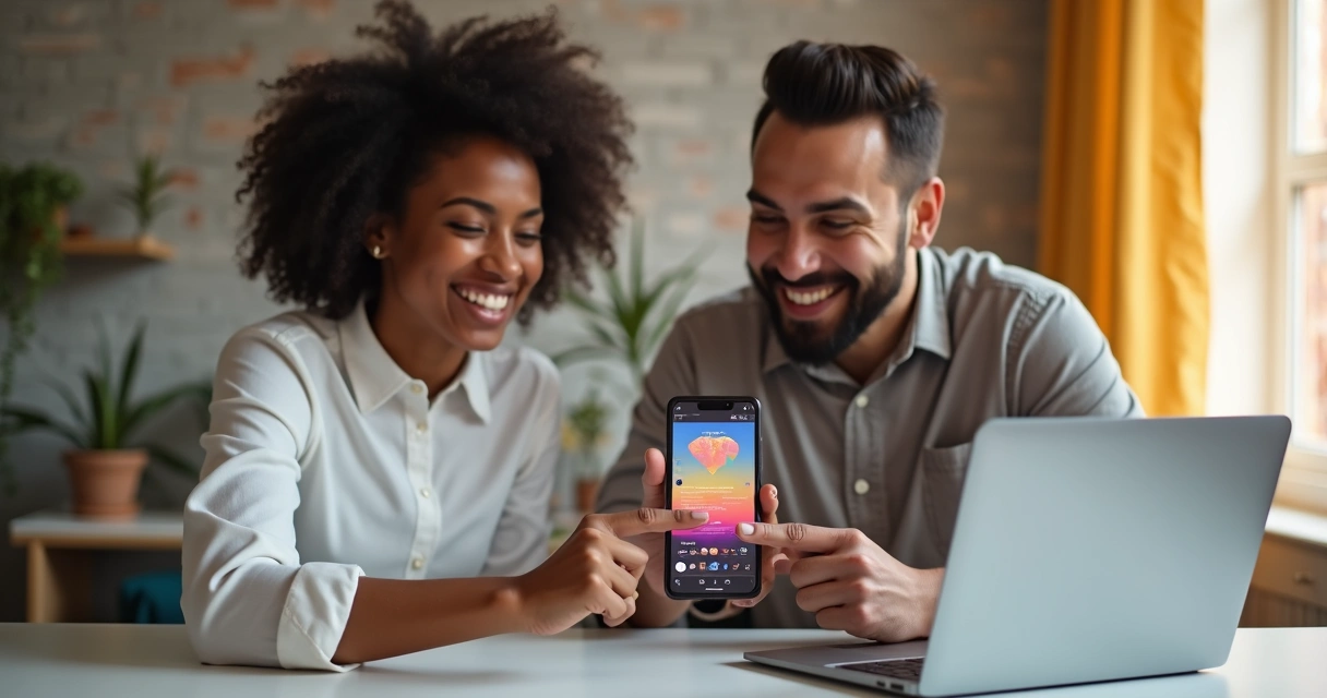 Duas pessoas sentadas lado a lado compartilhando vídeos no celular