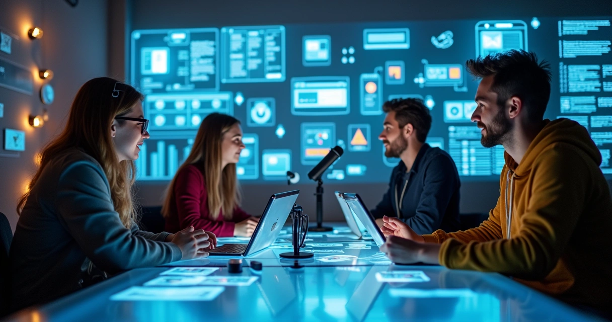 Criadores de conteúdo debatendo juntos em um estúdio digital 