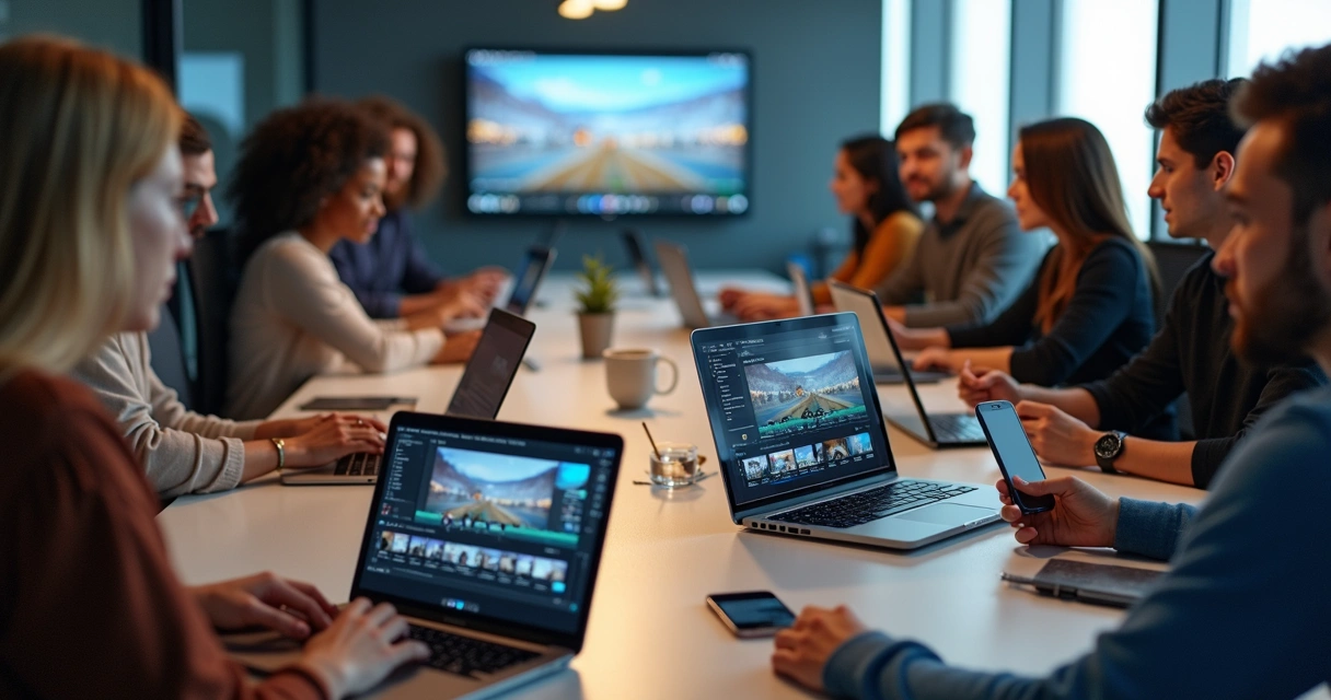 Equipe de criadores de conteúdo usando editor de vídeo com IA 