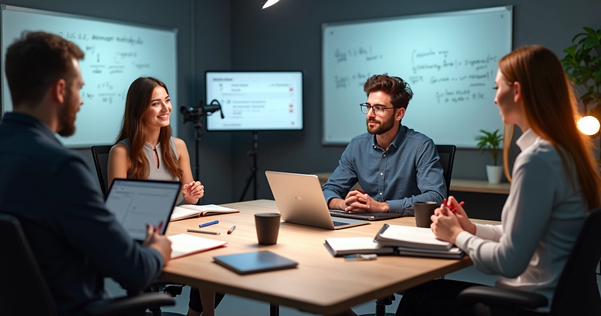 Influenciadores digitais gravando vídeos educacionais com cadernos e lousa ao fundo 