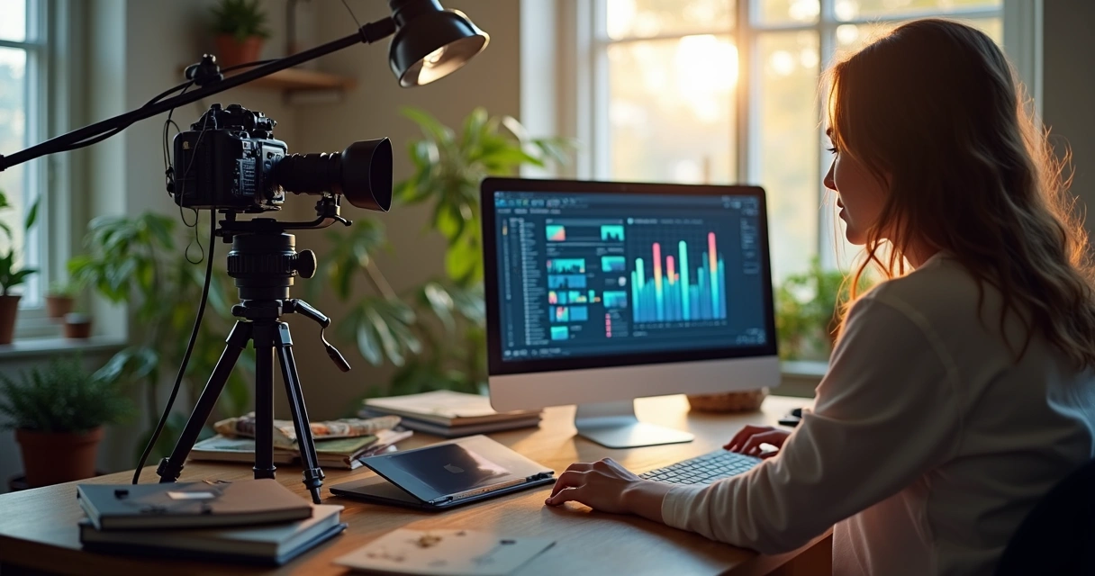 Mulher criadora de conteúdo digital grava vídeo com equipamentos profissionais em estúdio moderno 