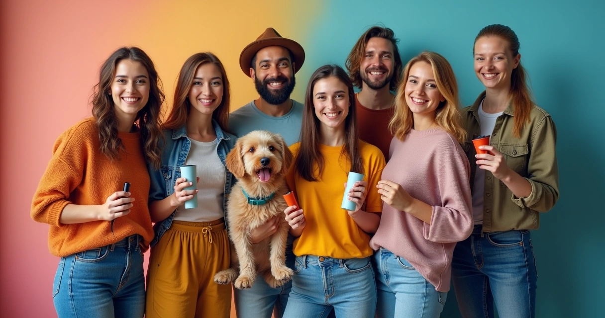 Creators de diferentes nichos posando juntos em cenário digital, cada um com acessórios de seu segmento 