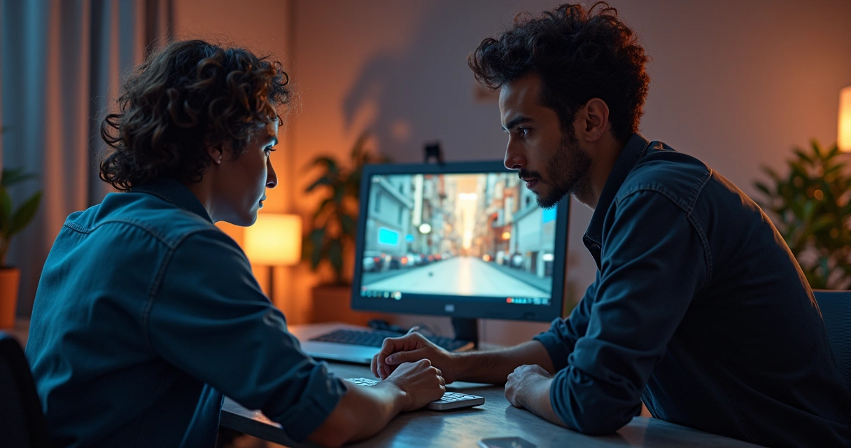 Dois criadores de conteúdo trabalhando juntos em edição de vídeo no laptop com cortes visíveis na tela 