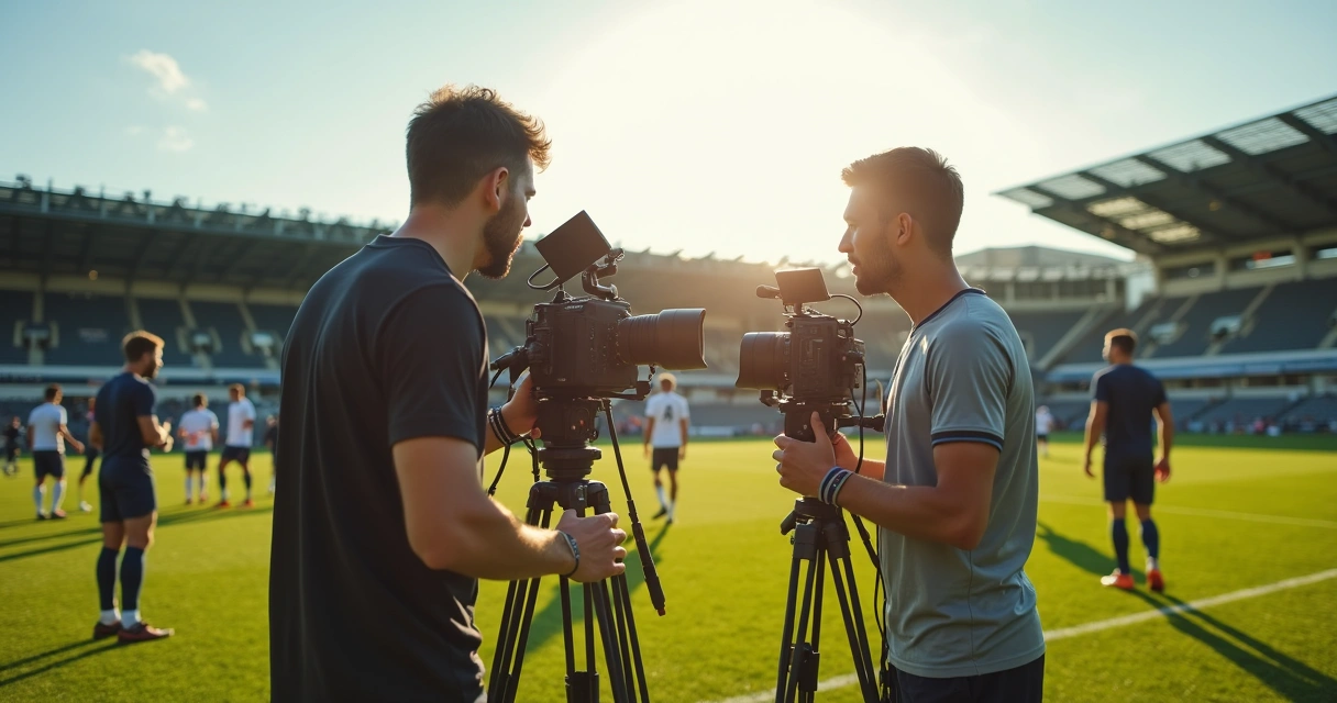Equipe de criadores de conteúdo esportivo gravando no campo de futebol 