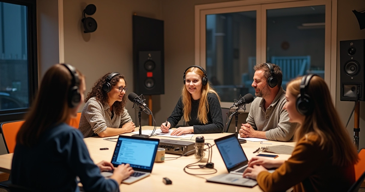 Grupo de criadores gravando um podcast em mesa com microfones e notebooks 