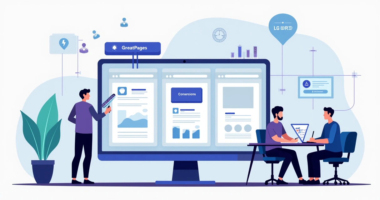 Ilustração de profissionais analisando criadores de landing page em um painel com gráficos de conversão 