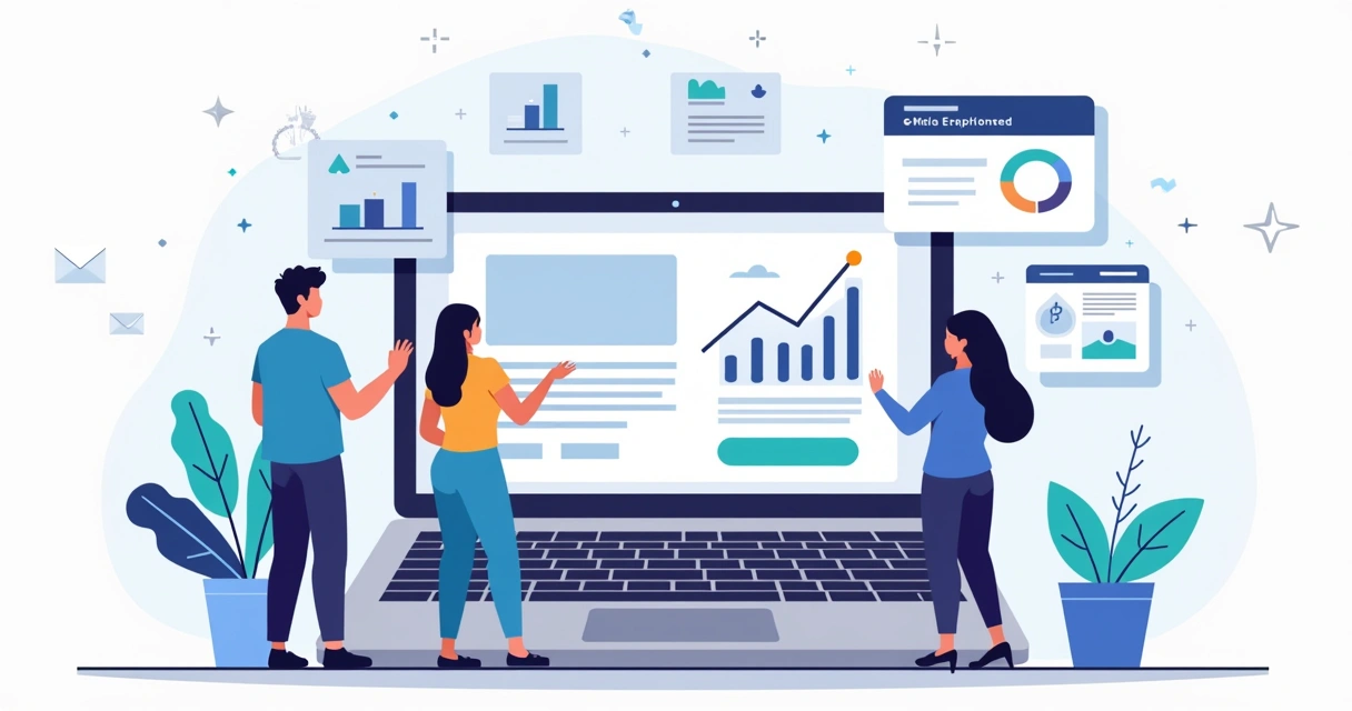 Ilustração de profissionais analisando criadores de landing pages em laptops com gráficos de conversão 