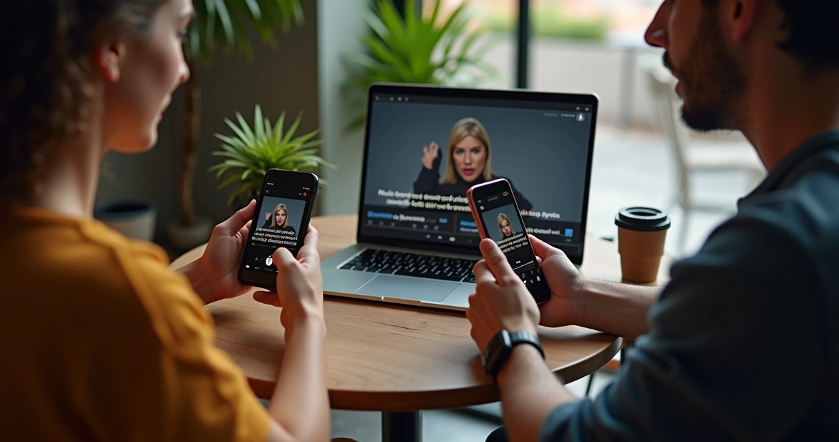 Duas pessoas editando legendas automáticas em vídeo no celular 