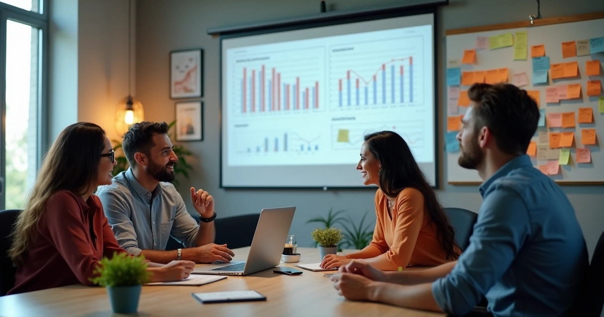 Equipe de marketing analisando dados de criadores digitais 