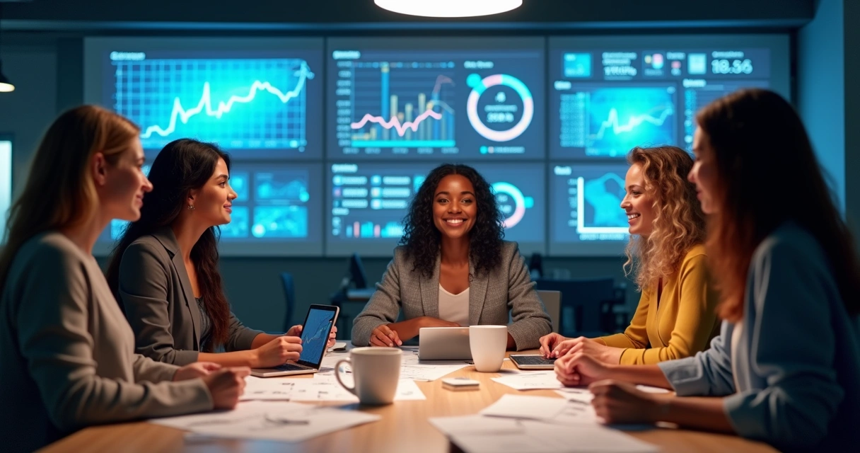 Mulheres criadoras de conteúdo analisando telas e dados de campanhas, reunidas em um ambiente moderno 